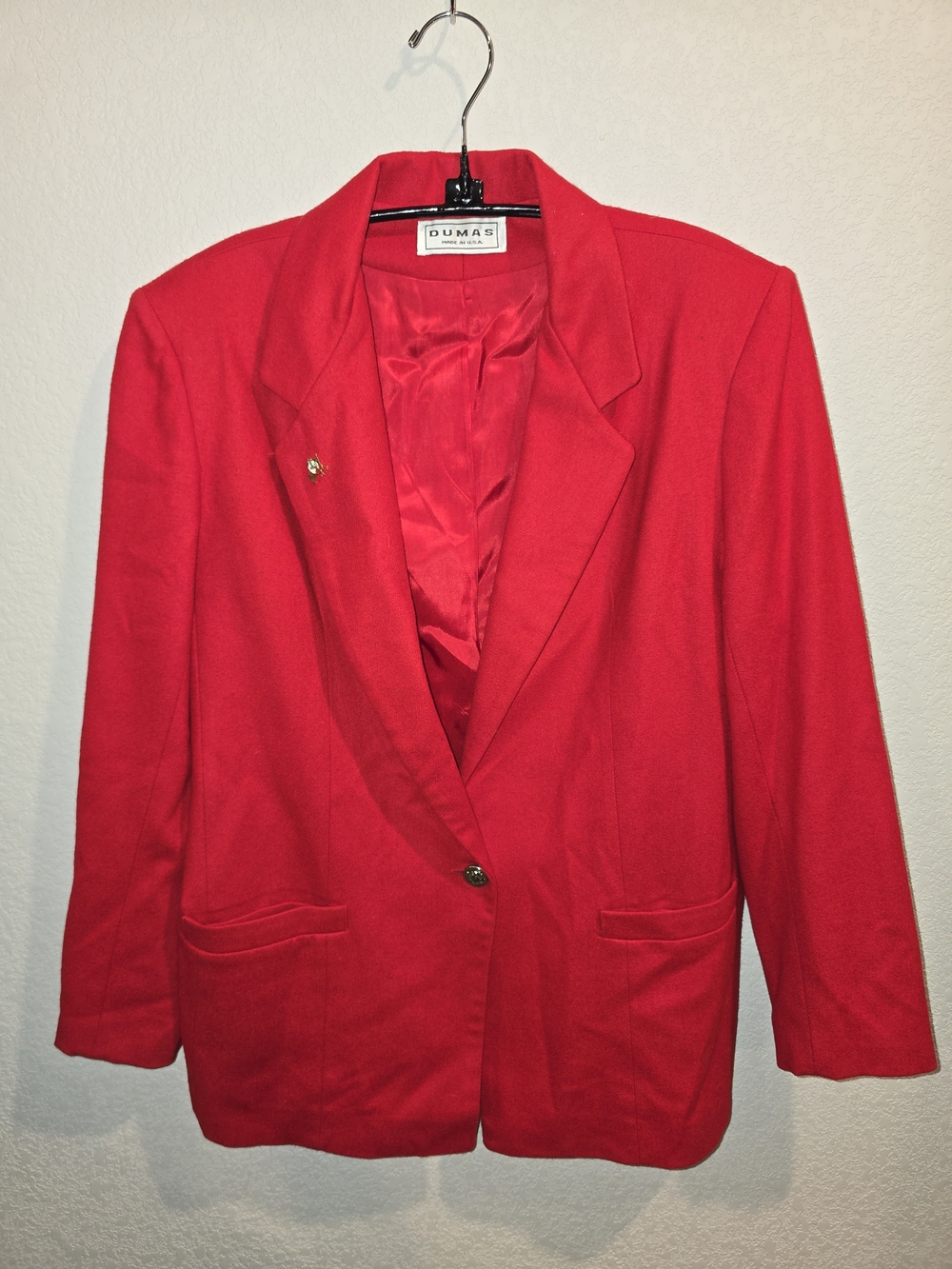 Vintage Dumas USA Made Women's Bright Red Single Button Wool-Blend Blazer Jacket